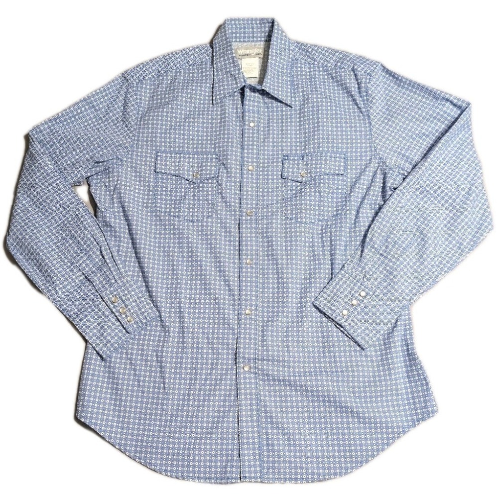 Wrangler Wrancher‎ Western Snap Shirt Mens L Blue Geometric Print Long Sleeve...